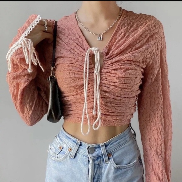 FREE PEOPLE | Coral Ruched Laced Longsleeve Top Small - Picture 1 of 10